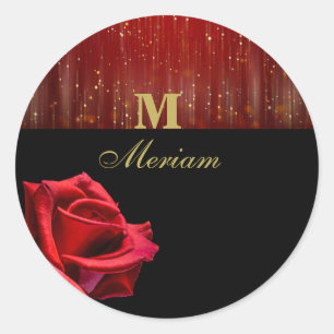 Monogram Black and Red Rose Round Sticker