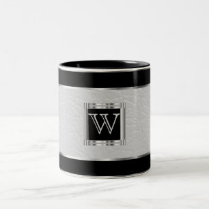 Monogram Black and Silver and Faux Leather Two-Tone Coffee Mug