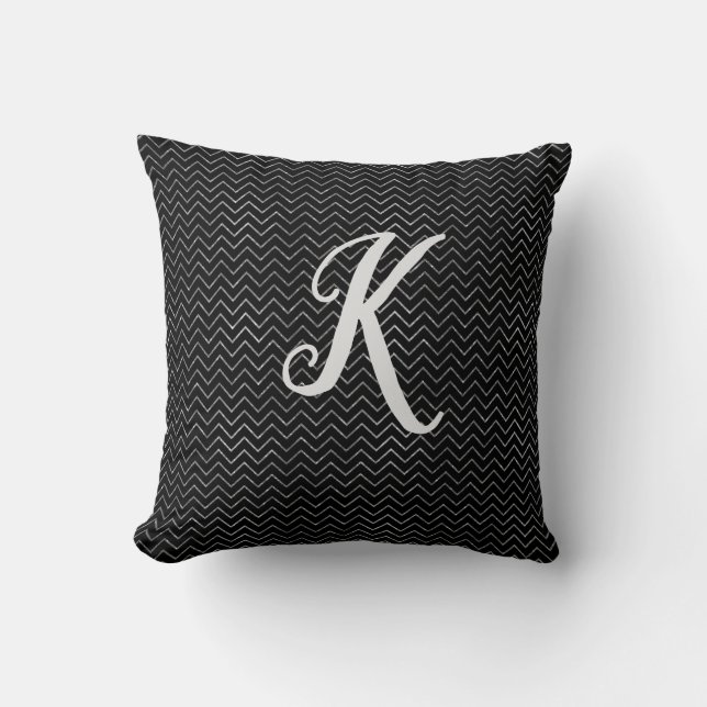 Monogram Black and Silver Glitter Chevron Cushion (Front)