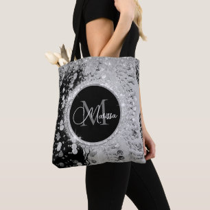 Monogram Black and Silver Glitter Coins  Tote Bag