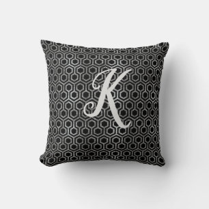 Monogram Black and Silver Glitter Hexagon Cushion