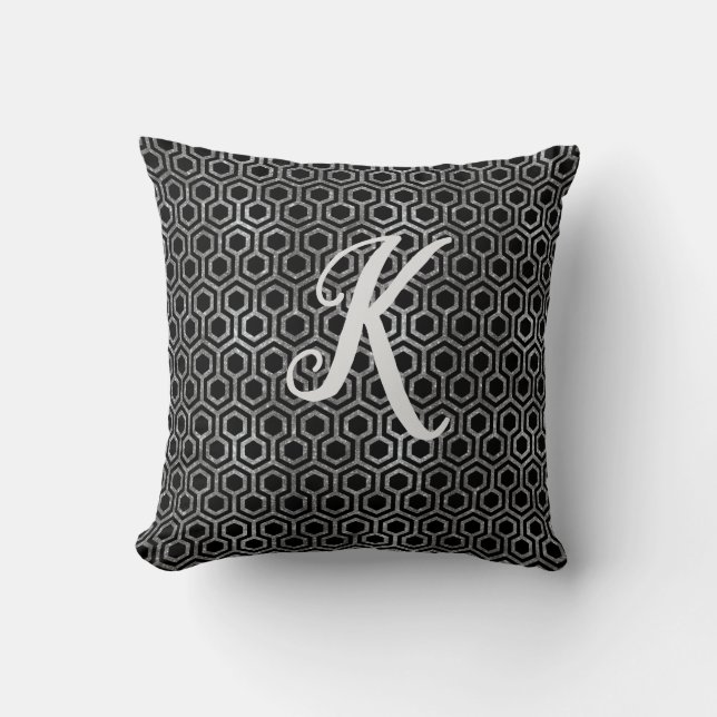 Monogram Black and Silver Glitter Hexagon Cushion (Front)
