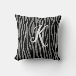 Monogram Black and Silver Glitter Zebra Print Cushion