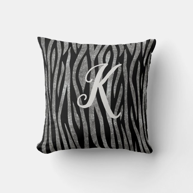 Monogram Black and Silver Glitter Zebra Print Cushion (Front)