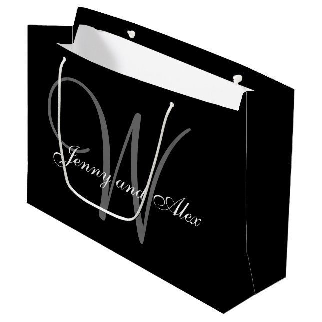 Monogram Black and Silver Wedding Large Gift Bag (Front Angled)