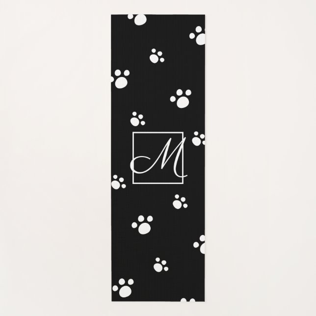 Monogram Black and White Animal Paw Print Pattern Yoga Mat (Front)