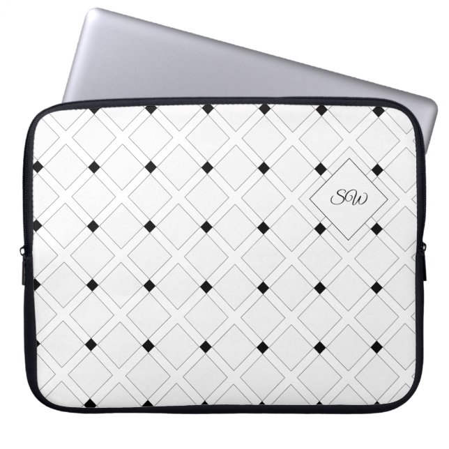 Monogram Black and White Art Deco Squares Laptop Sleeve (Front)