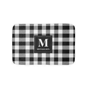 Monogram Black and White Buffalo Plaid Bath Mat