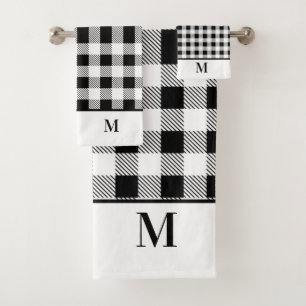 Monogram Black and White Buffalo Plaid   Bath Towel Set