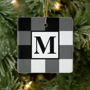 Monogram Black and White Buffalo Plaid Christmas Ceramic Ornament