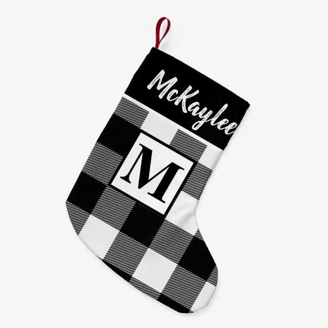 Monogram Black and White Buffalo Plaid Personalise Small Christmas Stocking (Front (Hanging))