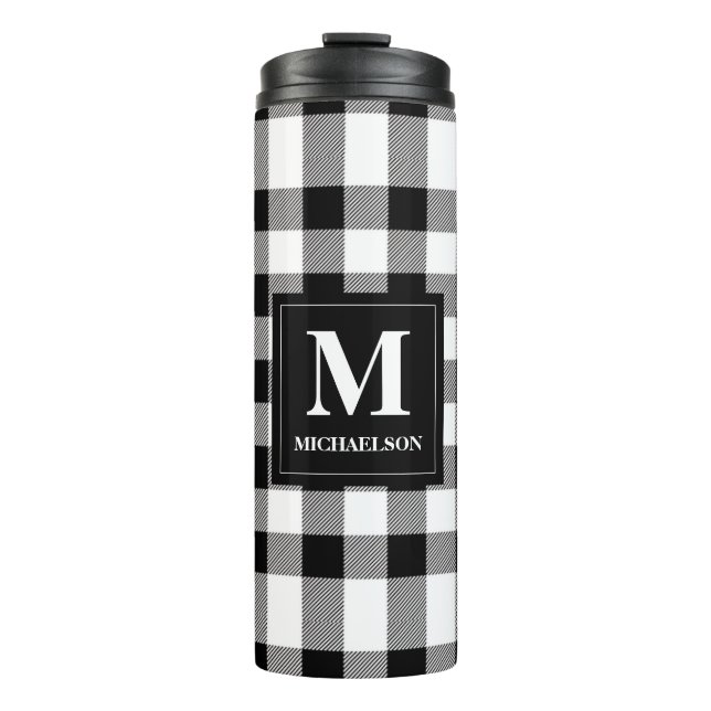 Monogram Black and White Buffalo Plaid Thermal Tumbler (Front)