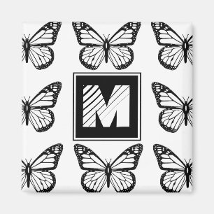 Monogram Black and White Butterfly Pattern Magnet
