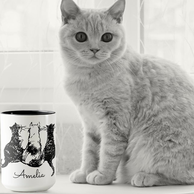 Monogram Black and White Cat Mug (Personalized mugs for cat lovers 🐈‍⬛🐈😽
)