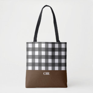 Monogram Black and White Checked Tote Bag