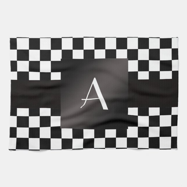 Monogram black and white checkers tea towel (Horizontal)