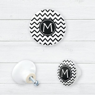 Monogram Black and White Chevron Stripes Ceramic Knob