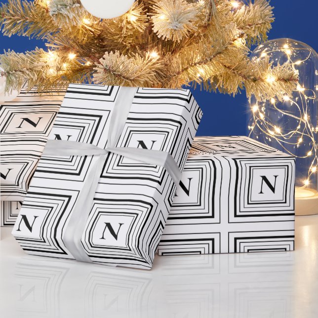 Monogram Black and White Classic Square Wrapping Paper (Holidays)
