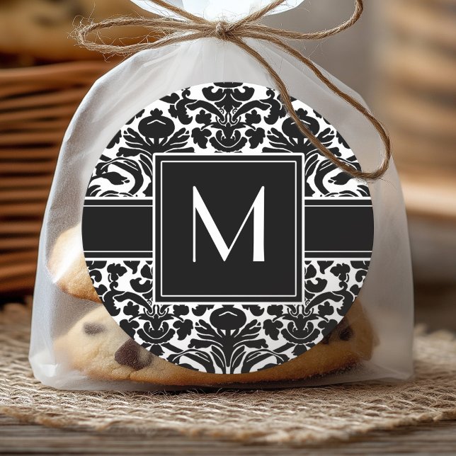 Monogram - Black and White Damask Classic Round Sticker (Personalized Sticker)