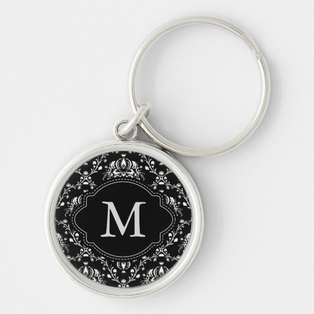 Monogram Black and White Damask Key Ring (Front)