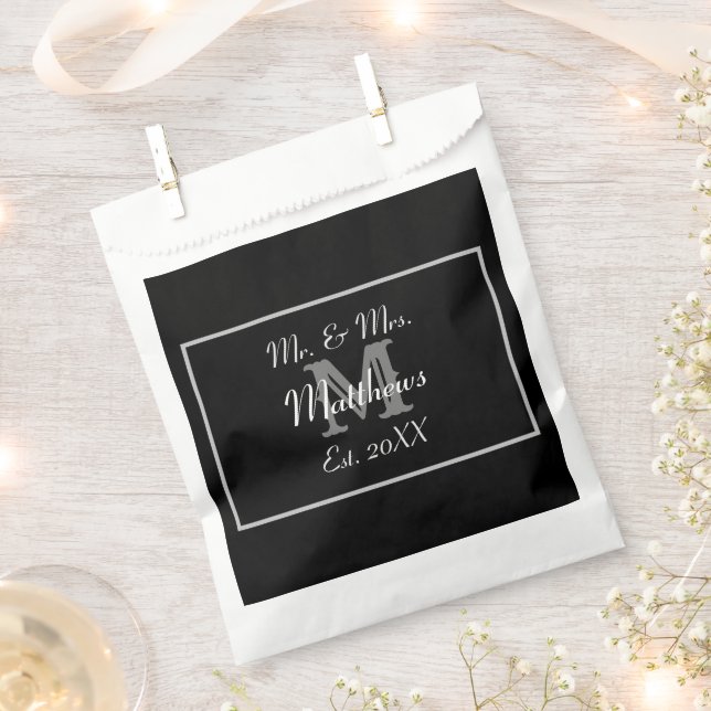 Monogram Black and White Est. Date Wedding  Favour Bags (Clipped)
