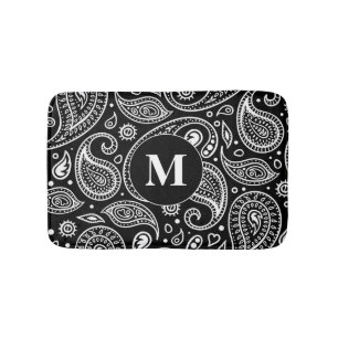 Monogram Black and White Floral Paisley Pattern Bath Mat