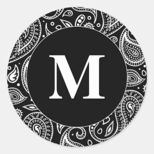 Monogram Black and White Floral Paisley Pattern Classic Round Sticker