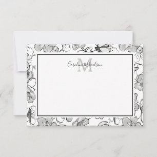 Monogram Black and White Floral Pattern Thank You Card