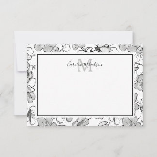 Monogram Black and White Floral Pattern Thank You Card
