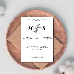 Monogram Black and White floral wedding  Invitation