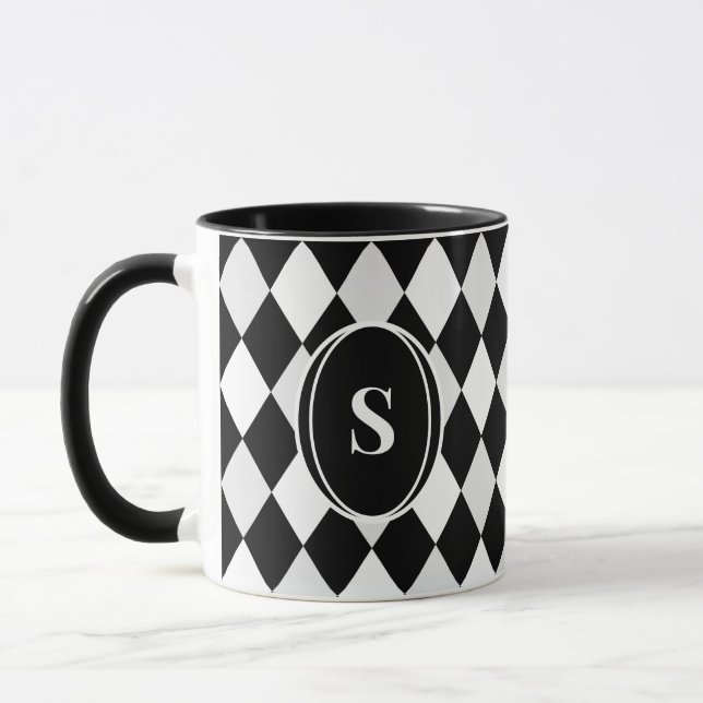 Monogram Black and White Harlequin Diamond Pattern Mug (Left)