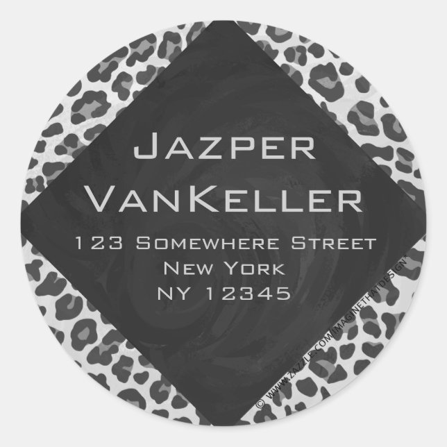 Monogram Black and White Leopard Print Classic Round Sticker (Front)