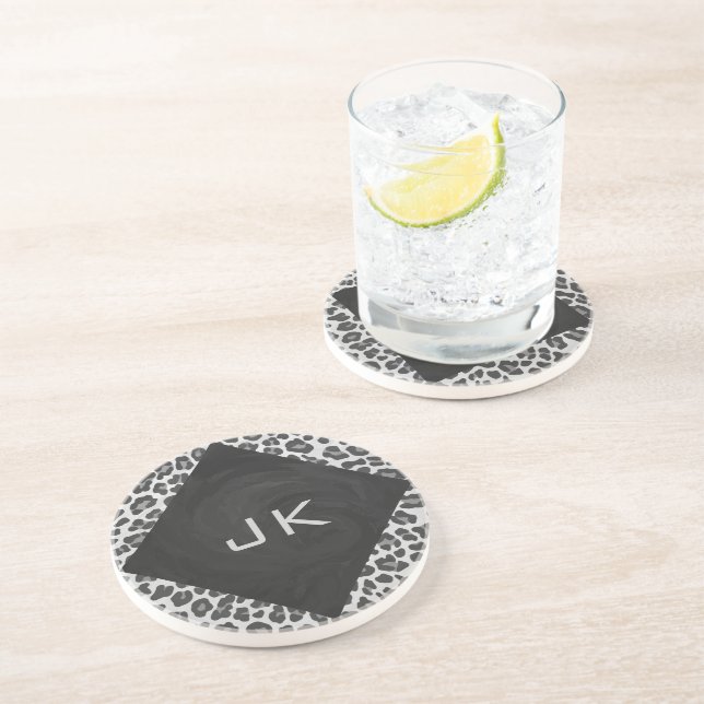 Monogram Black and White Leopard Print Coaster (Side)