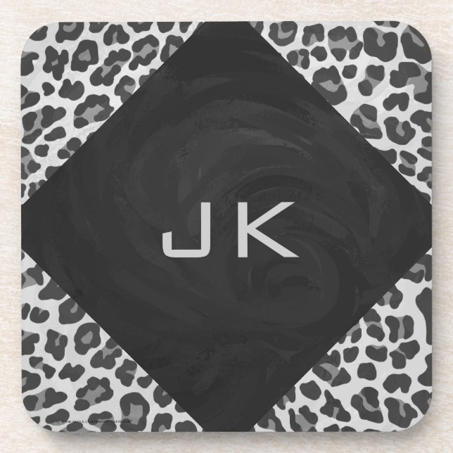 Monogram Black and White Leopard Print Coaster (Front)