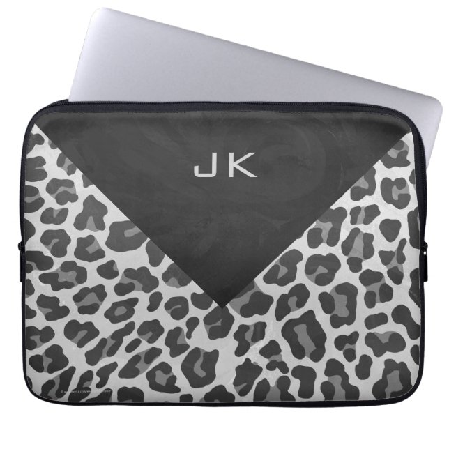 Monogram Black and White Leopard Print Laptop Sleeve (Front)