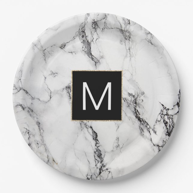 monogram black and white marble look paper plate (Front)