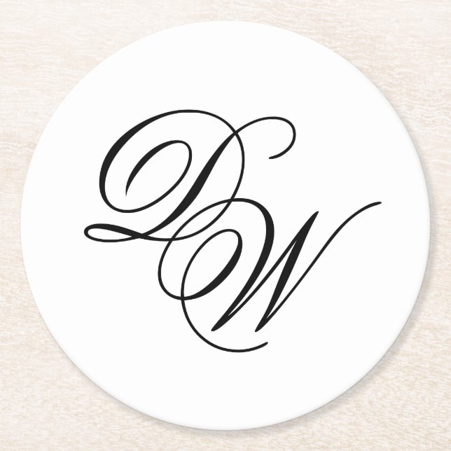 Monogram Black and White Minimalist Wedding Script Round Paper Coaster (Front)