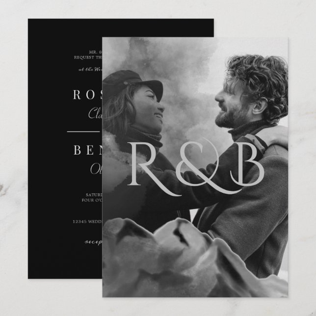 Monogram Black and White Mountains Photo Wedding Invitation (Front/Back)