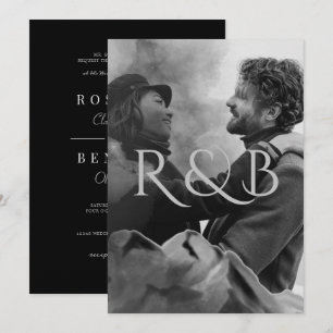 Monogram Black and White Mountains Photo Wedding Invitation