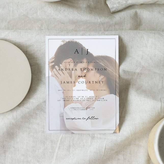 Monogram Black and White Photo Overlay Wedding Invitation (Creator Uploaded)