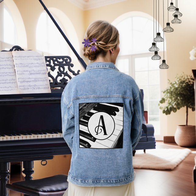 Monogram Black and White Piano Keys Music Keyboard Denim Jacket (A denim jacket with piano keyboard and monogram letter circle design)