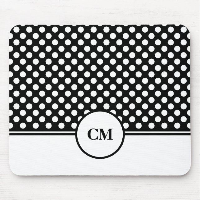 Monogram Black and White Polka Dot Pattern Mouse Mat (Front)