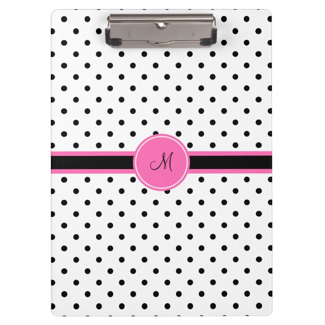 Monogram Black and White Polka Dot with Hot Pink Clipboard (Front)