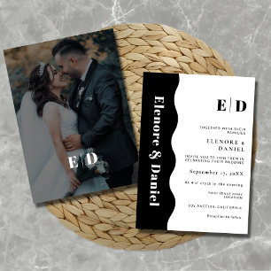 Monogram Black and White Side Wave Photo Wedding Invitation