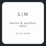 Monogram Black and White Simple Wedding Square Sticker<br><div class="desc">Chic and modern wedding favor stickers with a minimal design featuring your two initial monogram with your names and date below in black, over a white background. The fonts and background colors may be changed to any colors you wish. These elegant and stylish stickers are perfect for the minimalist couple...</div>