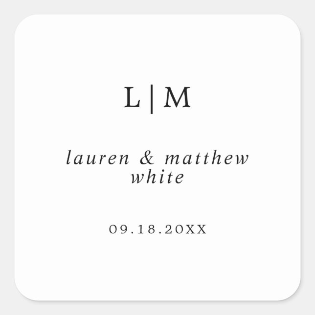 Monogram Black and White Simple Wedding Square Sticker (Front)