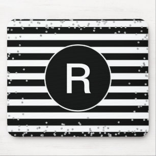 Monogram Black and White Striped Silver Confetti Mouse Mat