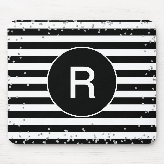 Monogram Black and White Striped Silver Confetti Mouse Mat (Front)