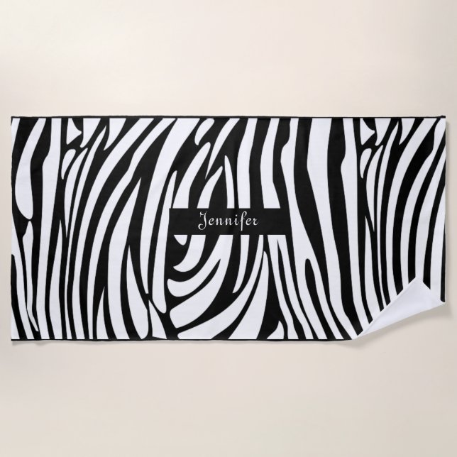 Monogram Black and White Striped Zebra Pattern Beach Towel (Front)
