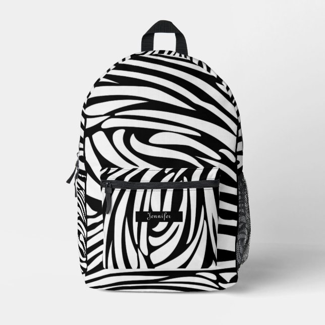 Monogram Black and White Striped Zebra Pattern Printed Backpack (Front)